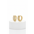 Gold Heart Crystal Cluster Hoop Earrings with heart designs on a white pedestal against a white background