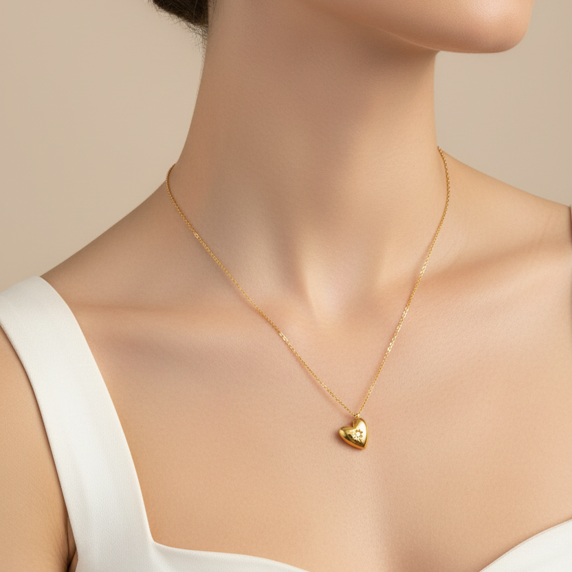 A close-up of a model's neck and upper chest wearing a delicate gold chain necklace with a small heart-shaped pendant, styled with a white top against a soft beige background.