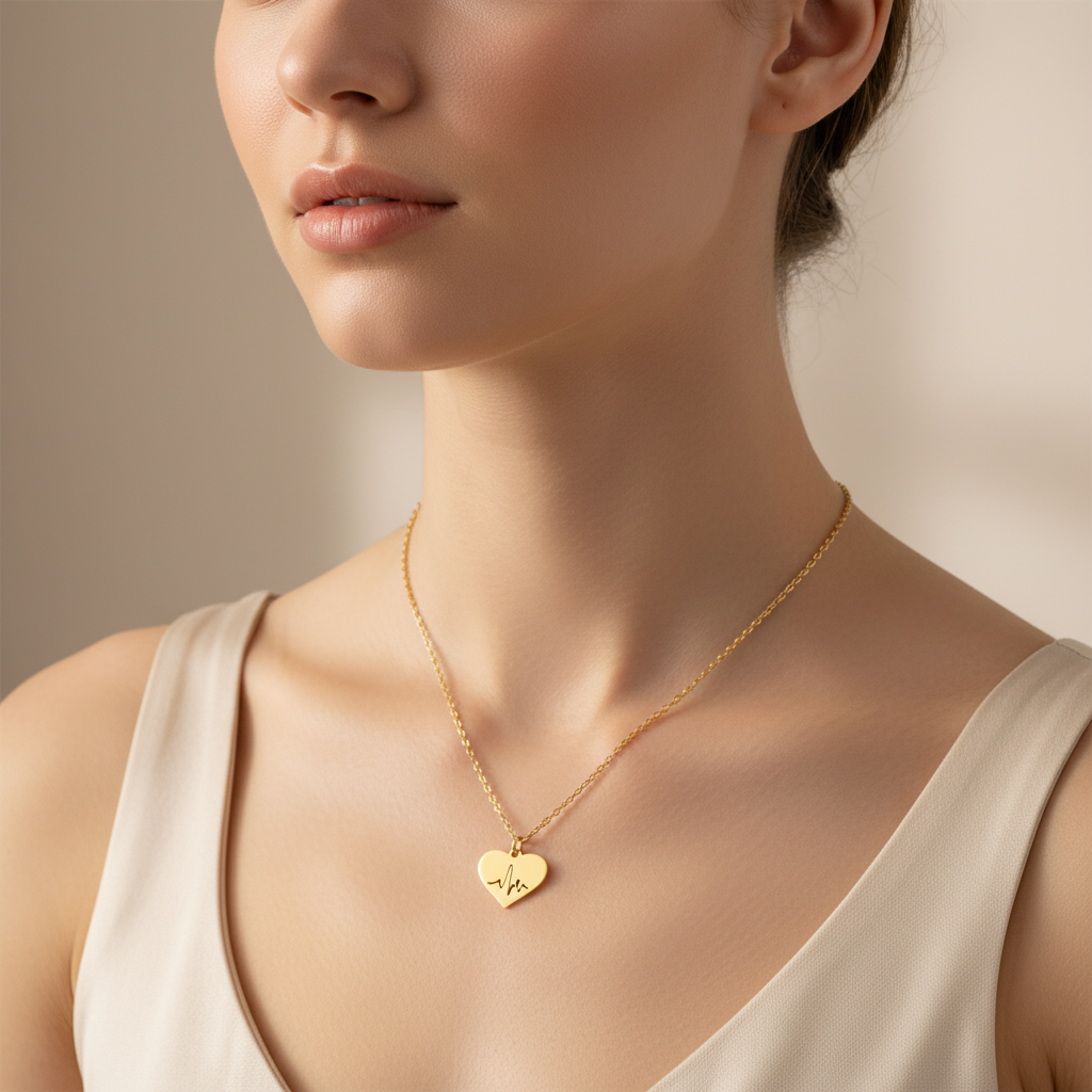 A close-up lifestyle shot of a woman wearing a delicate Gold Heart Heartbeat Necklace, paired with a beige tank top against a soft beige background.