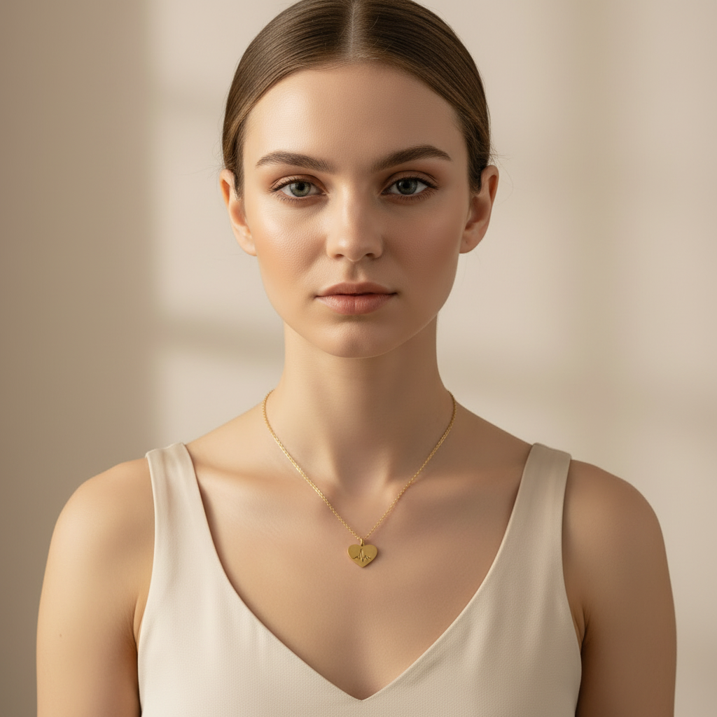 A woman with her hair pulled back wears a delicate Gold Heart Heartbeat Necklace, paired with a cream-colored sleeveless top against a soft beige background.
