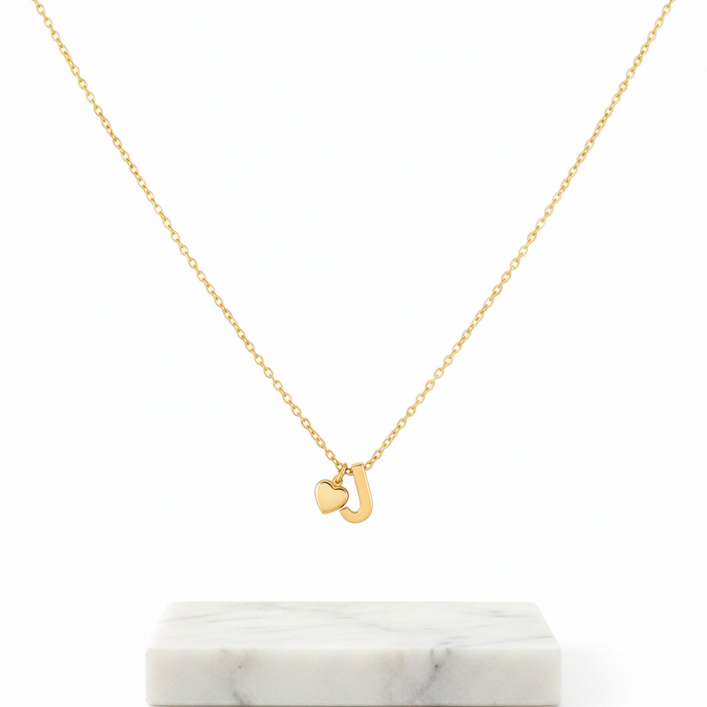 Gold Heart & J Initial Pendant Necklace