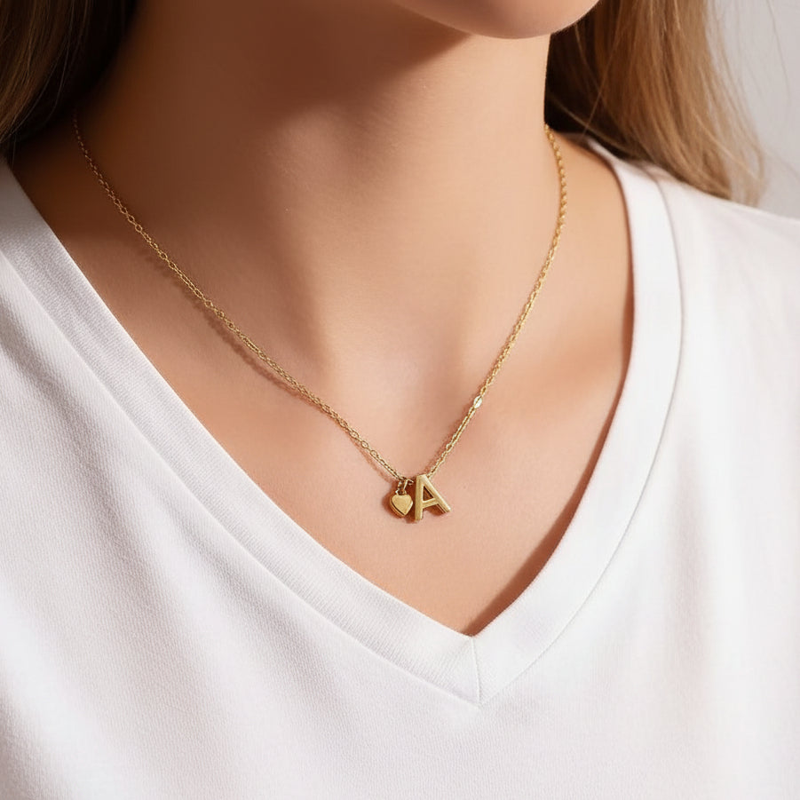 Gold Heart & K Initial Pendant Necklace