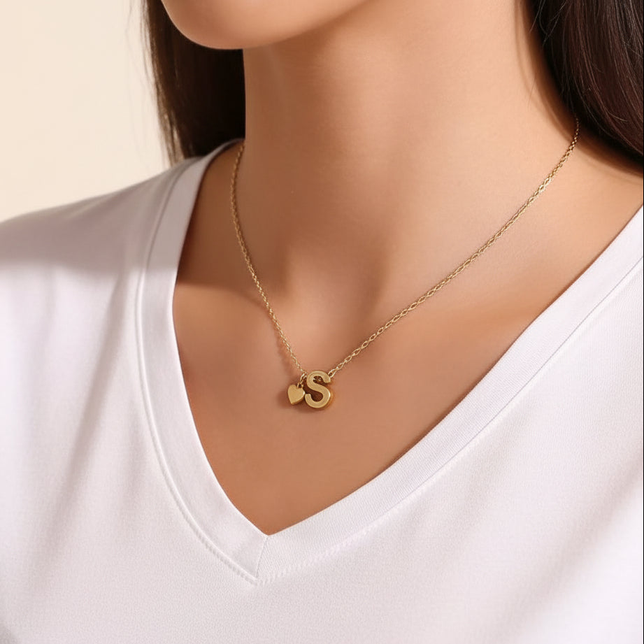 Gold Heart & S Initial Pendant Necklace