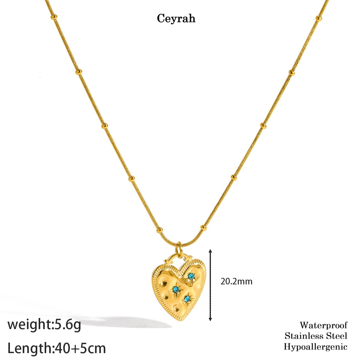 Gold Heart Turquoise Gemstone Necklace on a white background with text showing weight, length, and material details. The pendant has small turquoise-blue stones and is labeled 'Ceyrah'.