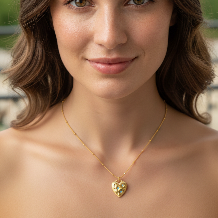 A close-up portrait of a woman with brown hair wearing a delicate Gold Heart Turquoise Gemstone Necklace featuring a colorful floral pattern, set against a softly blurred outdoor background.