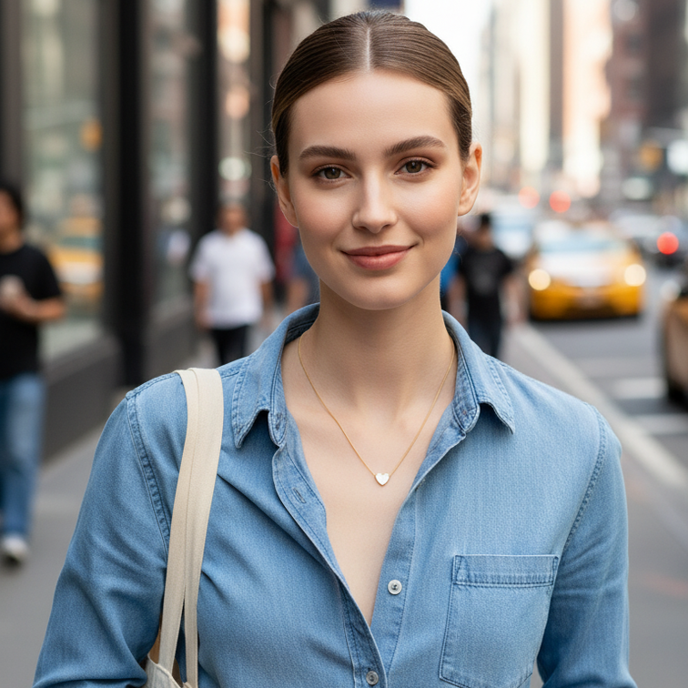 A woman standing on a city street wearing a Gold Heart White Inlay Necklace