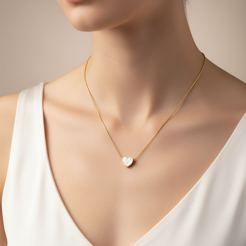 A close-up of a model wearing a delicate Gold Heart White Inlay Necklace styled with a white sleeveless top against a soft beige background.