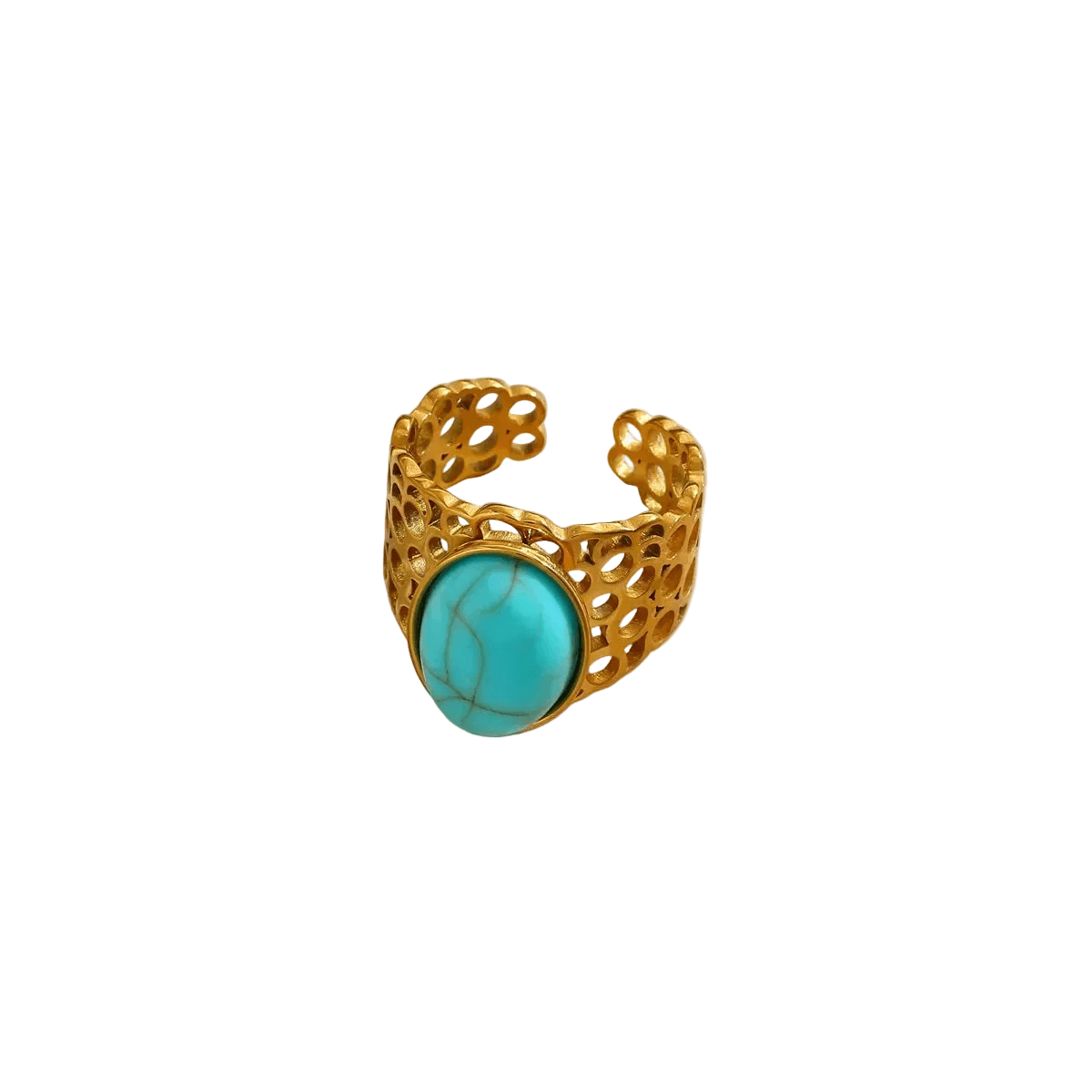 Ceyrah Gold Honeycomb with Gemstone Ring with turquoise stone on white background