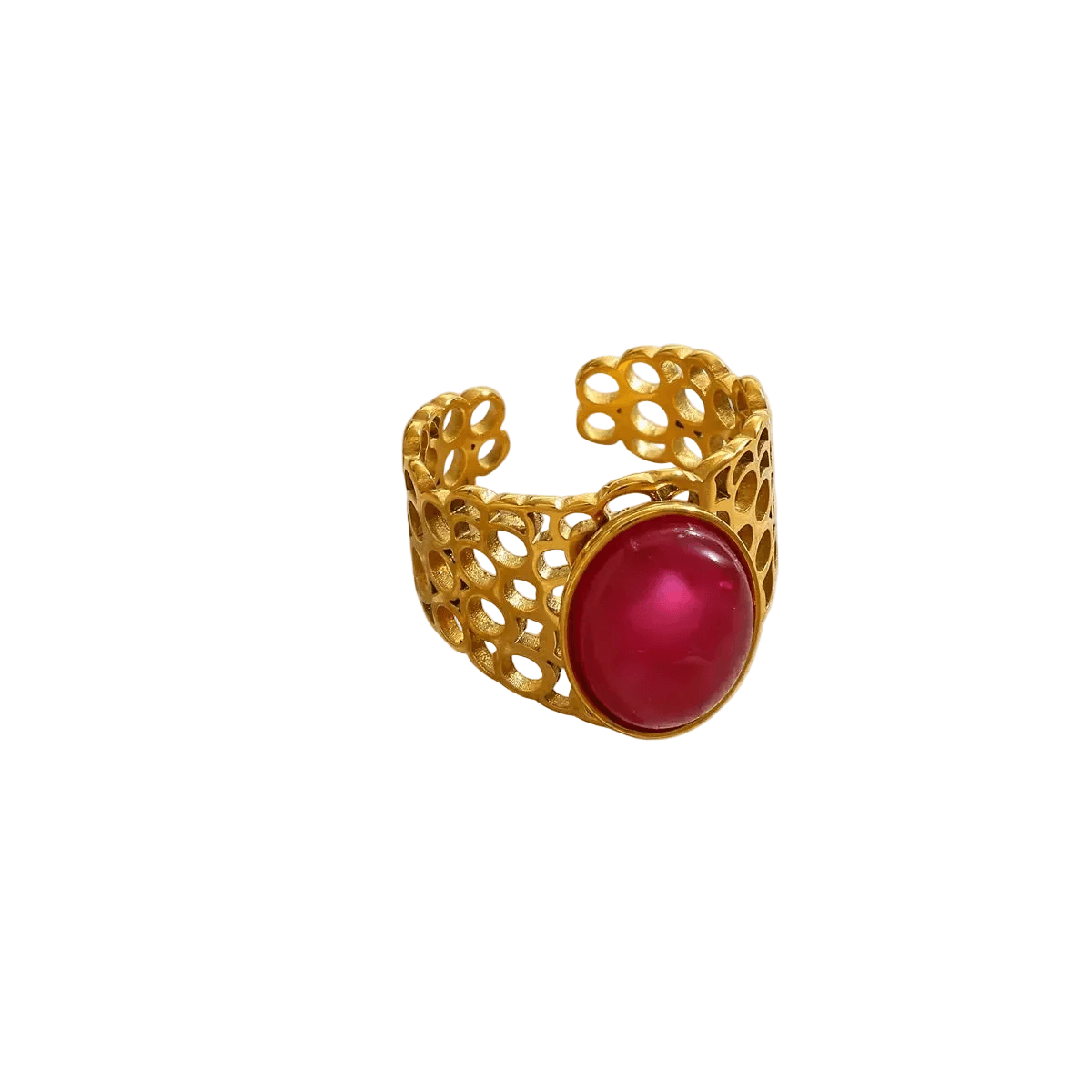 CeyrahGold Honeycomb with Gemstone Ring with red gemstone on neutral background