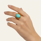 Hand wearing Ceyrah Gold Honeycomb with Gemstone Ring turquoise stone 