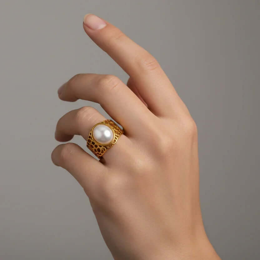 Gold Honeycomb with Gemstone Ring, with white gemstone on model - Ceyrah jewellery