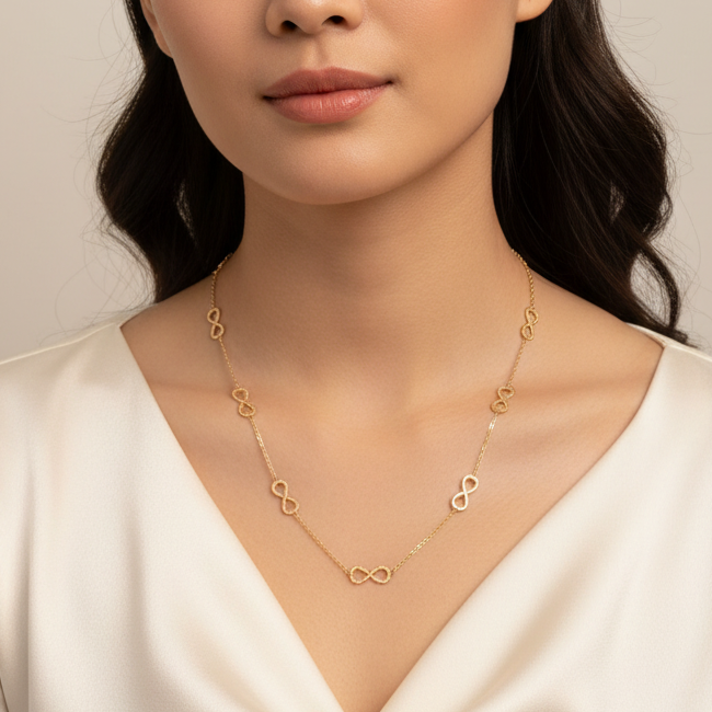 A close-up portrait of a woman wearing Gold Infinity Sign Chain Necklace