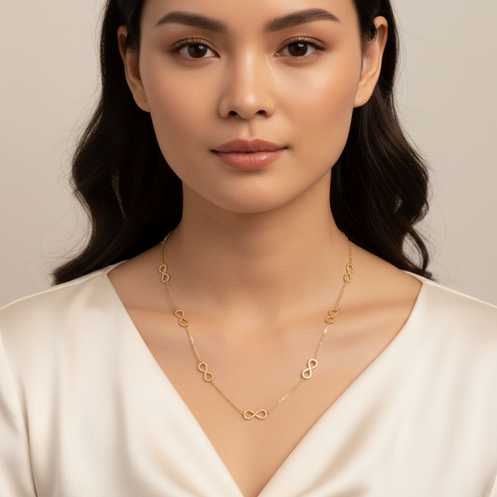 A close-up portrait of a woman wearing a delicate gold necklace with repeating infinity symbols, paired with a white satin V-neck top against a soft beige background.