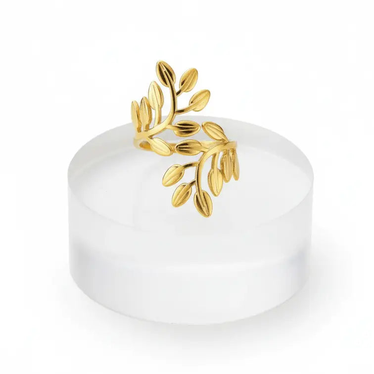 Gold Leaf Branch Adjustable Ring design on a white background