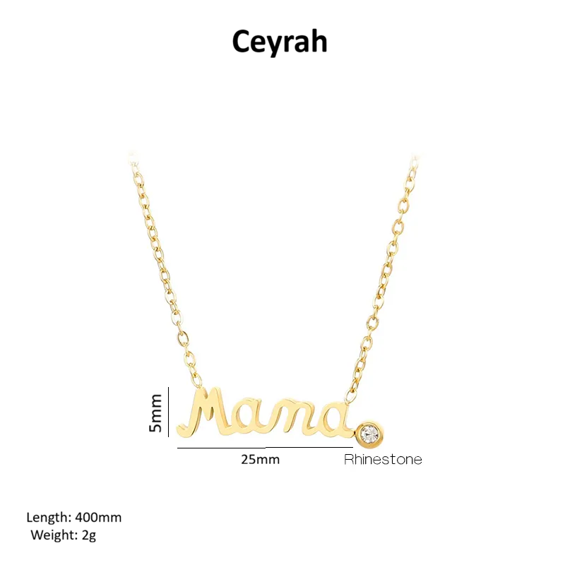 Gold Mama Necklace With Rhinestone Detail shown on a white background with product text and dimensions.