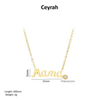Gold Mama Necklace With Rhinestone Detail shown on a white background with product text and dimensions.