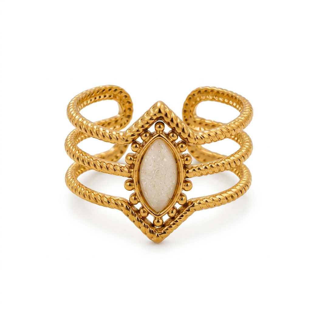 Gold Marquise Stone Adjustable Ring with a central teardrop-shaped cream stone and small clear stones, shown with dimension lines and text indicating 1.5cm height, 1.