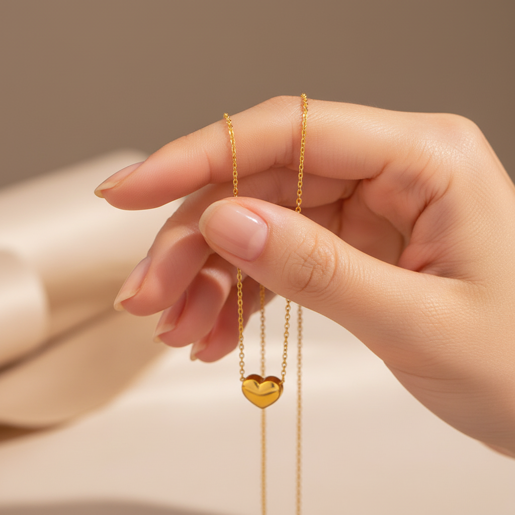 A close-up of a hand holding a Gold Mini Heart Necklace against a soft beige background.