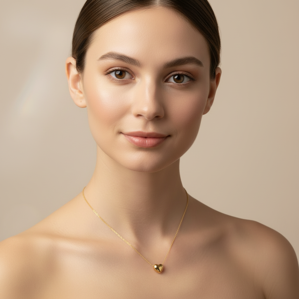 A close-up portrait of a woman with dark hair, wearing a delicate Gold Mini Heart Necklace, set against a soft beige background.
