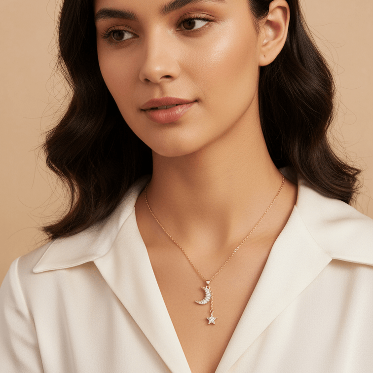 Woman wearing a Gold Moon & Star Celestial Necklace with a beige background