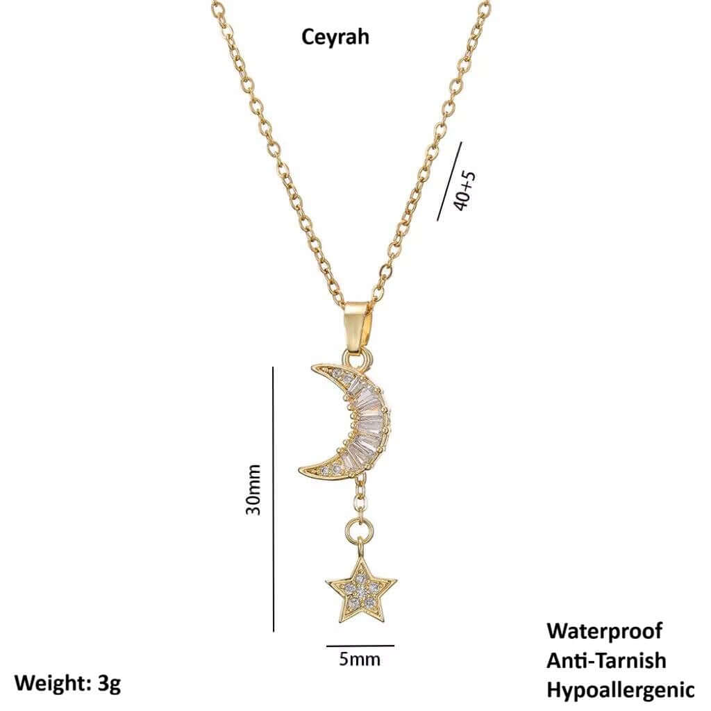 Gold Moon & Star Celestial Necklace with moon and star pendant, labeled 'Ceyrah', showing measurements and properties.