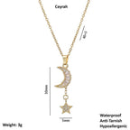 Gold Moon & Star Celestial Necklace with moon and star pendant, labeled 'Ceyrah', showing measurements and properties.