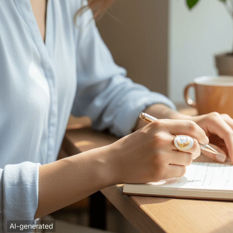 Hand wearing a Gold Moon and Star Oval Ring, writing in a notebook on a wooden desk.