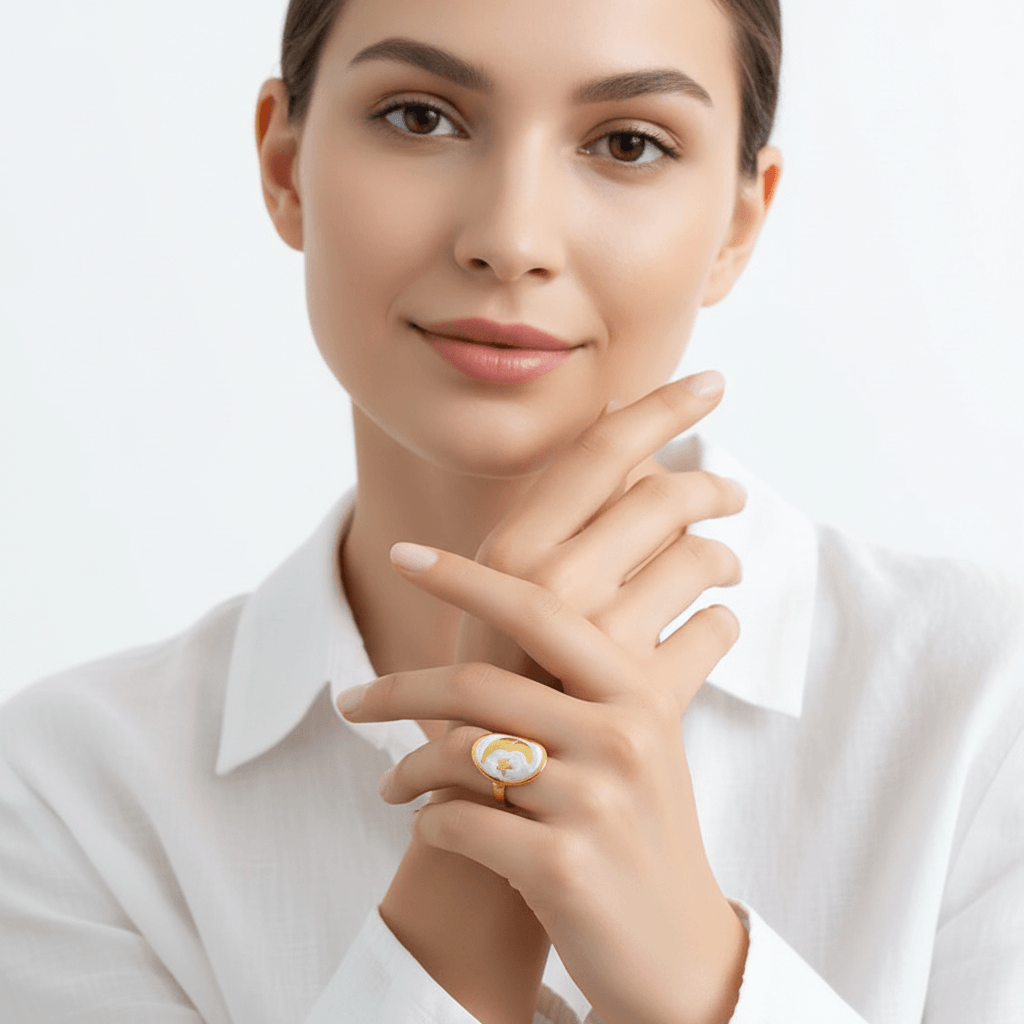 Model wearing a Gold Moon and Star Oval Ring, showcasing its celestial design and elegant style.