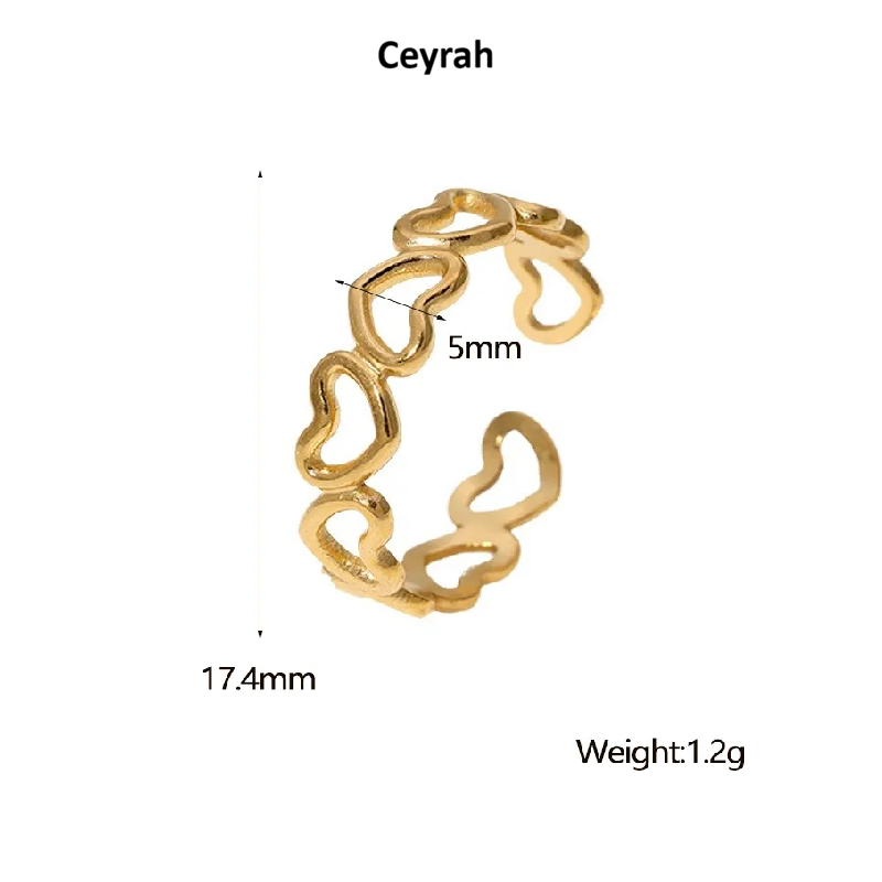 Gold Open Heart Adjustable Ring with a wavy, chain-like design, shown on a white background with printed dimensions (5mm width, 17.4mm height), the name 'Ceyrah,' and weight '1.