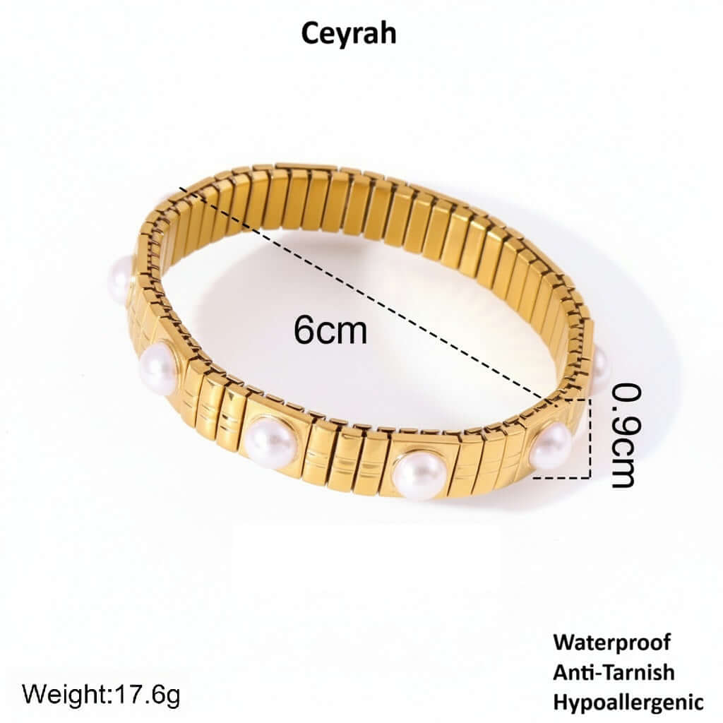 Gold Pearl Accent Bracelet and measurement details on a white background