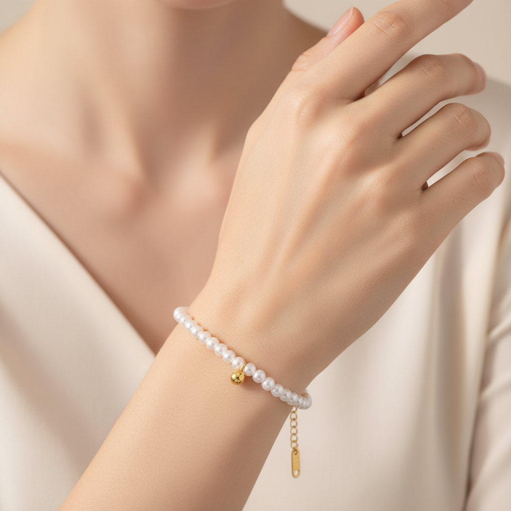 A close-up of a person's wrist wearing a delicate white pearl bracelet with a small gold bead and dangling gold chain.
