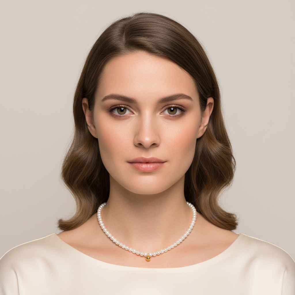 A woman with wavy brown hair is shown from the shoulders up against a plain light beige background, wearing a Gold Pearl Bead Necklace with a small gold heart charm.