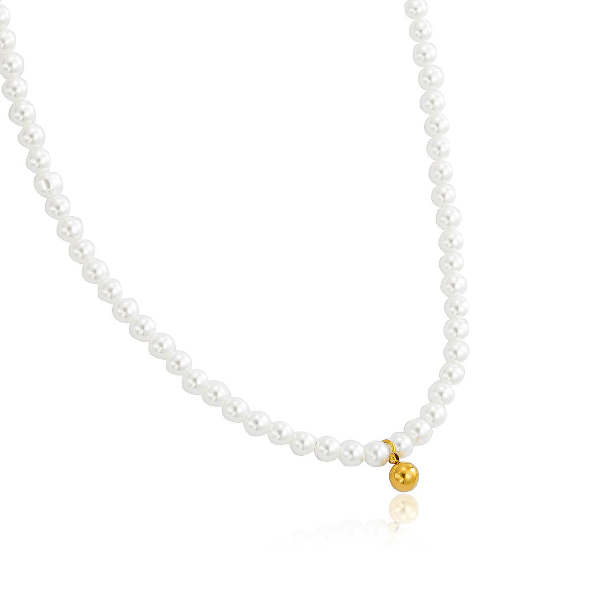 A Gold Pearl Bead Necklace displayed on a clean white background with a soft reflection underneath.