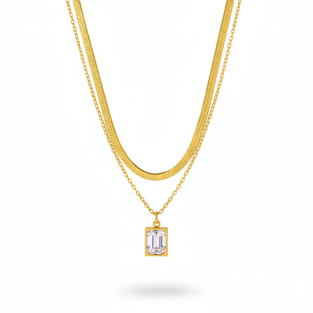 Gold Rectangle Gemstone Necklace with plain background