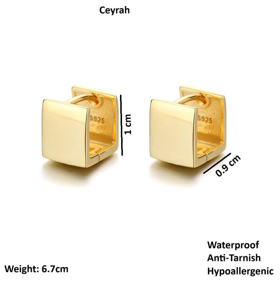 Gold Rectangular Huggie Hoop Earrings with measurements and product details on a white background