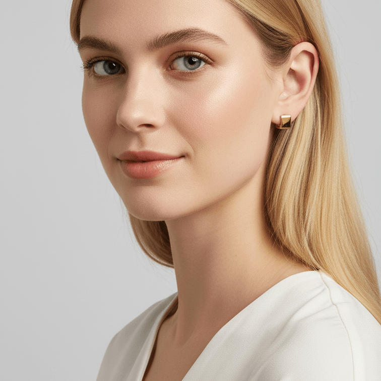 Gold Rectangular Huggie Hoop Earrings  worn by model 