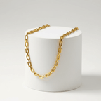 Gold Rectangular Link Chain Necklace on pedestal