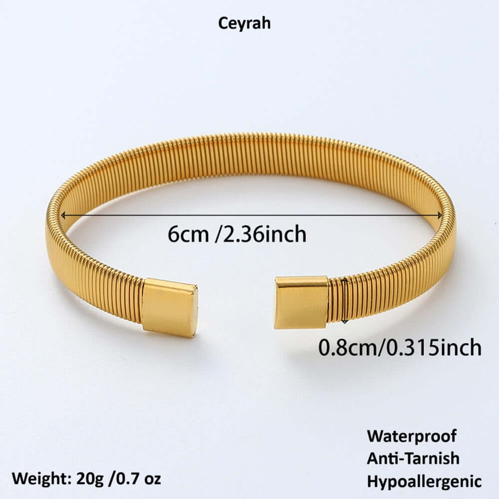 Gold Ribbed Coil Bangle Bracelet with measurements