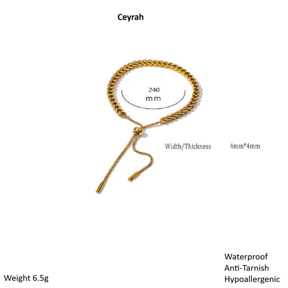Gold Rope Chain Adjustable Bracelet with measurements and product details on a white background