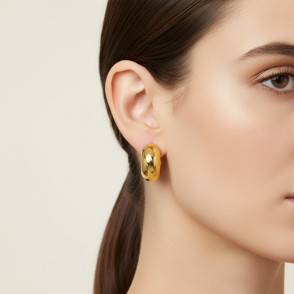 A close-up of a model's ear wearing a polished Gold Rounded Statement Stud Earrings against a soft beige background.