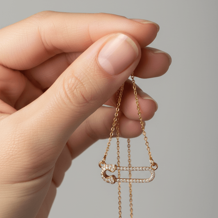 Gold Safety Pin Pendant Necklace on hand