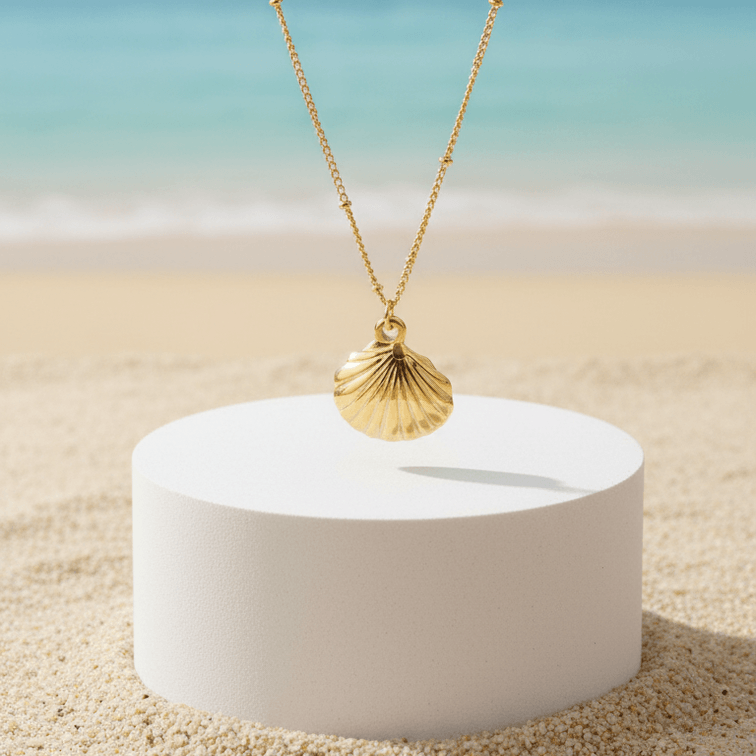 Gold Scallop Shell Pendant Necklace with a shell pendant on a white pedestal against a beach background