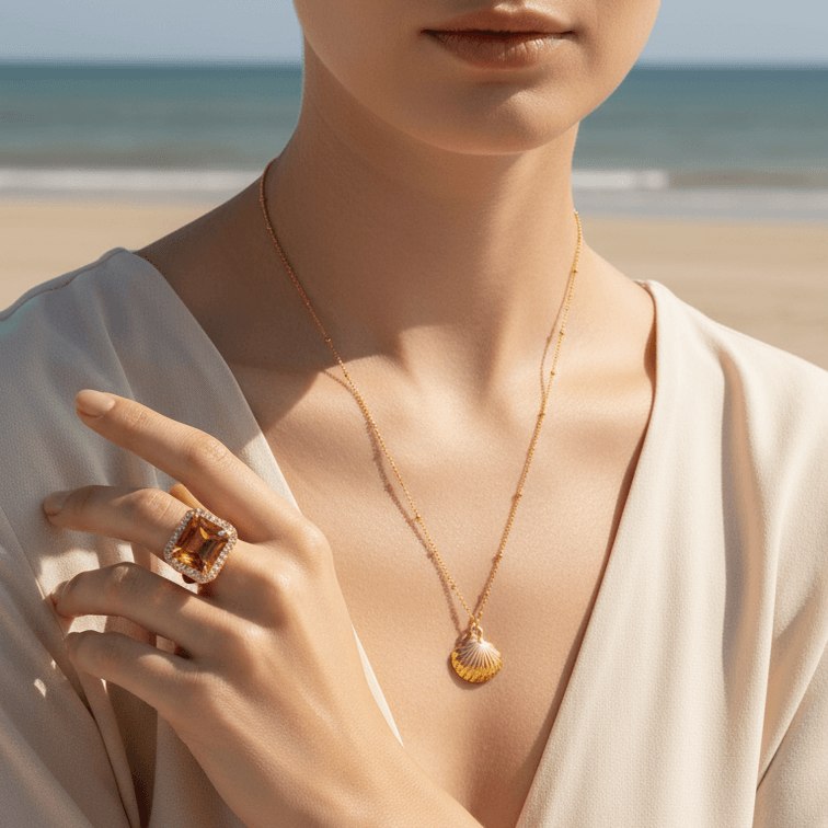 Woman wearing a Gold Scallop Shell Pendant Necklace and ring on a beach