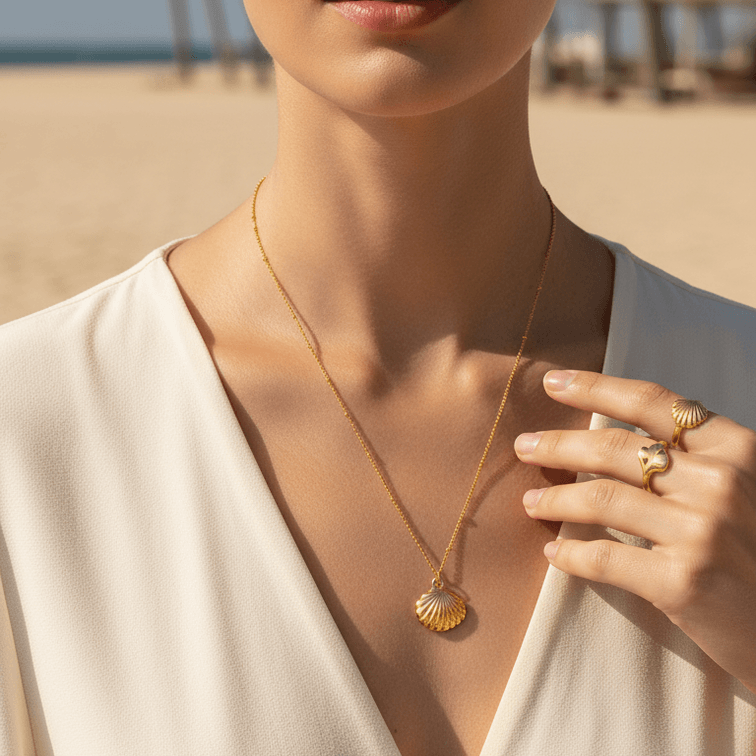 Woman wearing a Gold Scallop Shell Pendant Necklace and ring on a beach