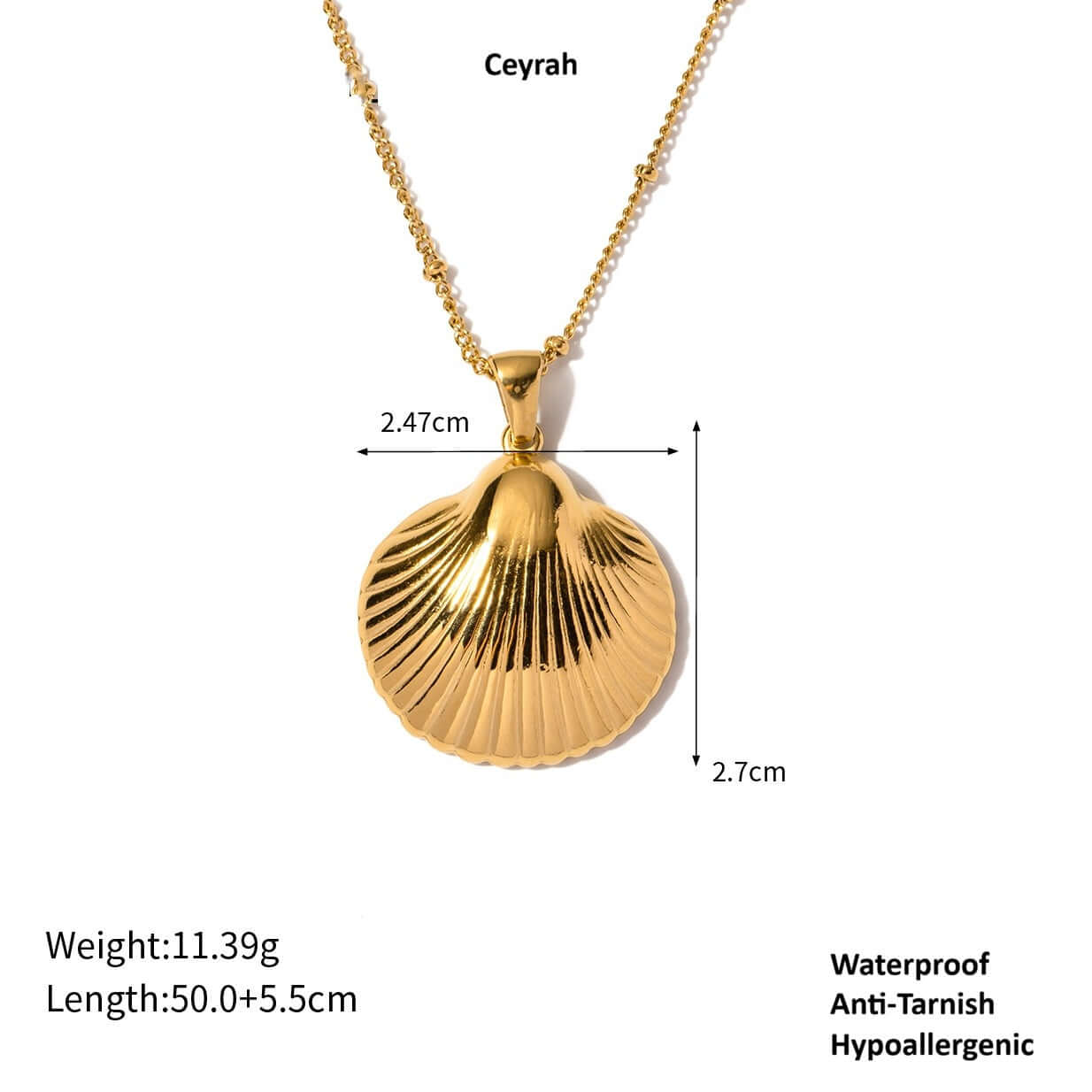 Gold Scallop Shell Pendant Necklace measurements 