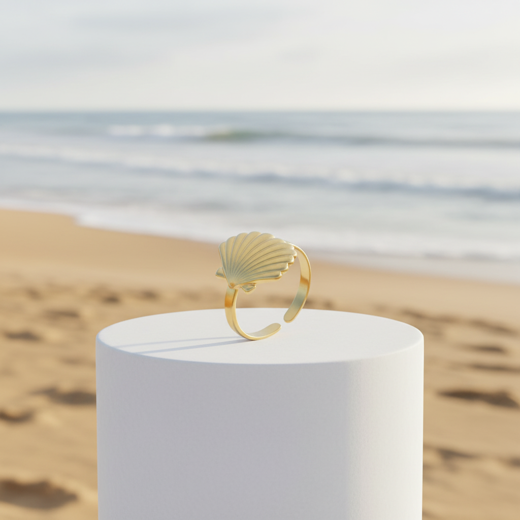 Gold Seashell Adjustable Ring showcasing a sculpted seashell design in radiant gold, embodying ocean-inspired elegance.