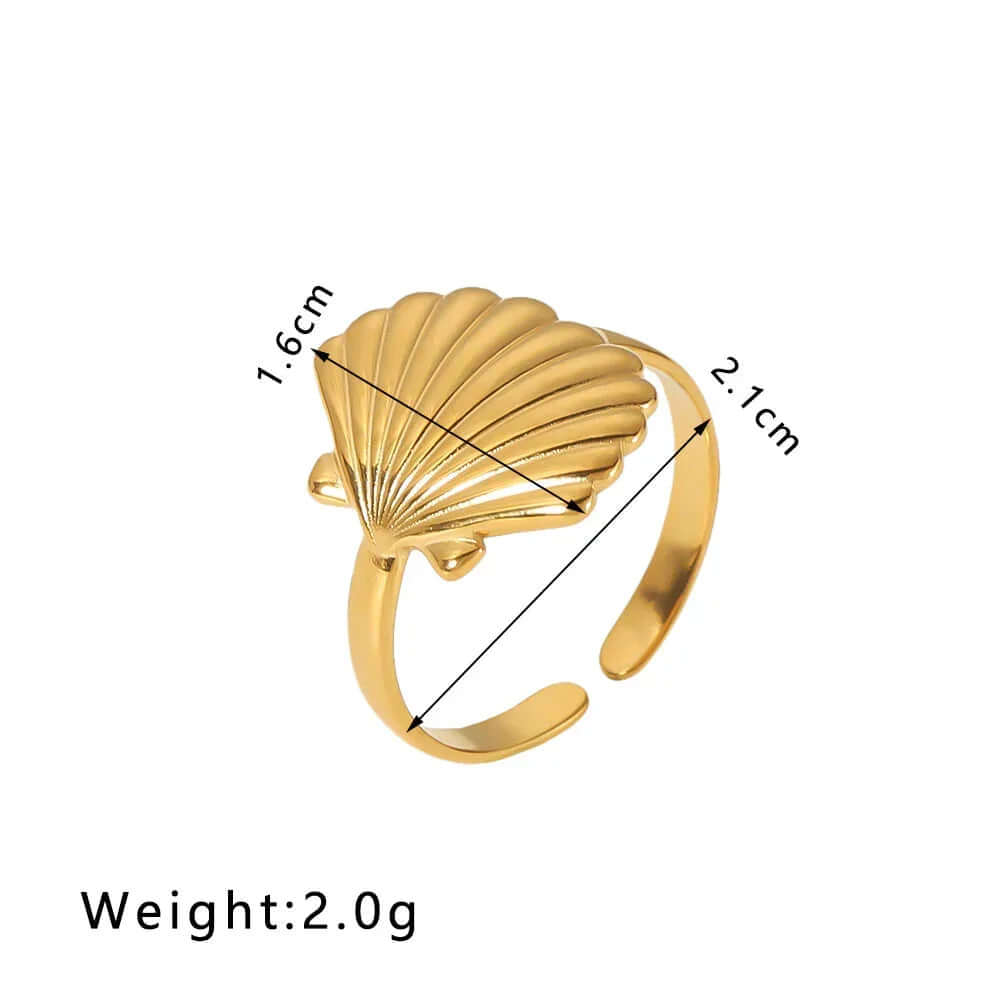 Gold Seashell Adjustable Ring with a sculpted seashell design and size measurements 1.6cm x 2.1cm.