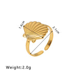 Gold Seashell Adjustable Ring with a sculpted seashell design and size measurements 1.6cm x 2.1cm.