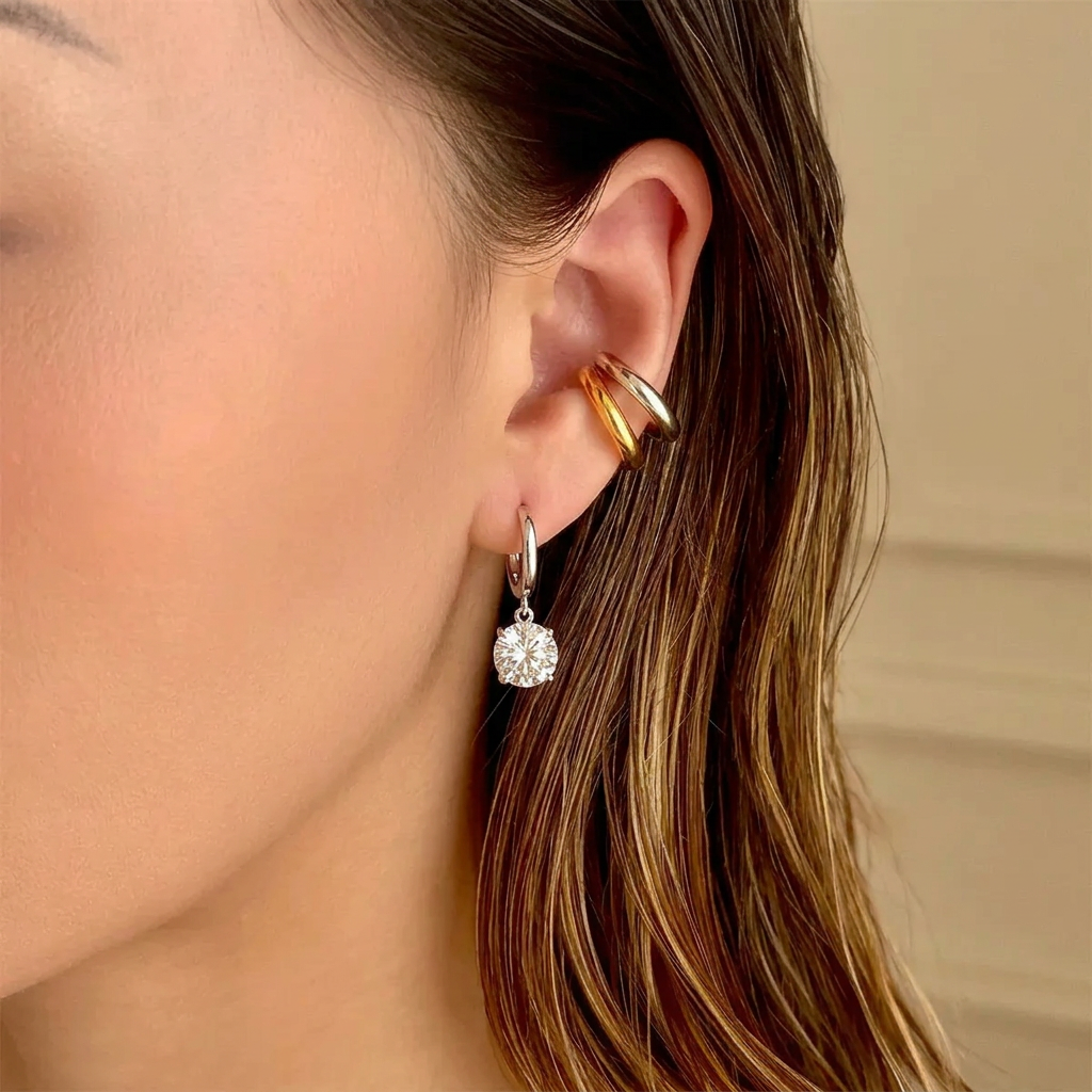 Gold & Silver Double Layered Ear Cuff on model