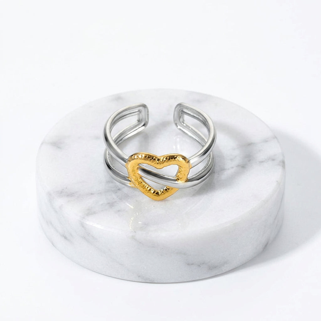 Gold & Silver Heart Adjustable Ring with a textured gold heart-shaped accent in the center, shown with printed dimensions and weight on a white background.